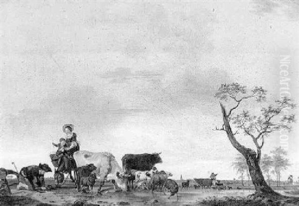 A Peasant Family With Cattle At A Pool In A Landscape - view 1