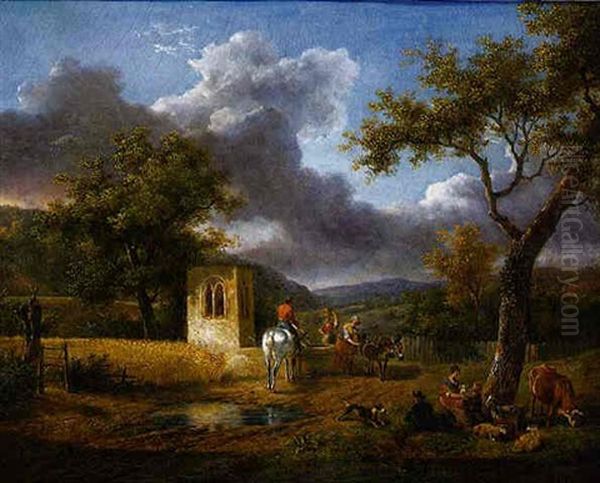 An Extensive Landscape With A Peasant Family And Their Livestock Resting By A Tree - view 1
