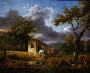 An Extensive Landscape With A Peasant Family And Their Livestock Resting By A Tree by Jean-Louis Demarne