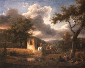 An Extensive Landscape With A Peasant Family And Their Livestock by Jean-Louis Demarne