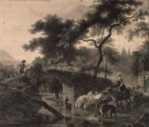Scene Pastorale Au Pont De Pierre by Jean-Louis Demarne
