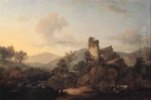Paysage Rocheux A La Cascade Anime De Bergers by Jean-Louis Demarne