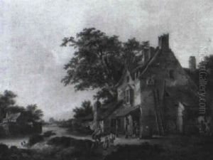 Farm By A River With A Peasant And Children By The Waterside by Jean-Louis Demarne