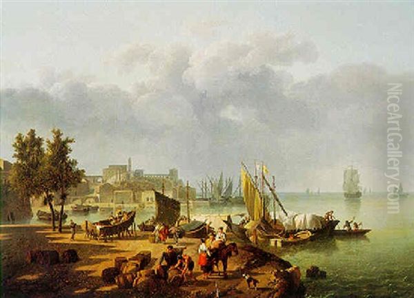 Mediterranean Port Scene With Figures And Boats - view 1