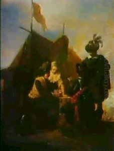 Kartenspielende Offiziere... Offiziere Und Eine Junge Dame Beim Kartenspiel by Jean-Louis Demarne