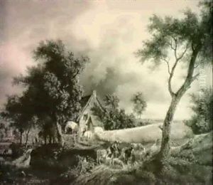 Extensive Landscape With Figures And Animals Outside A Farmhouse, A Stream With A Waterfall by Jean-Louis Demarne