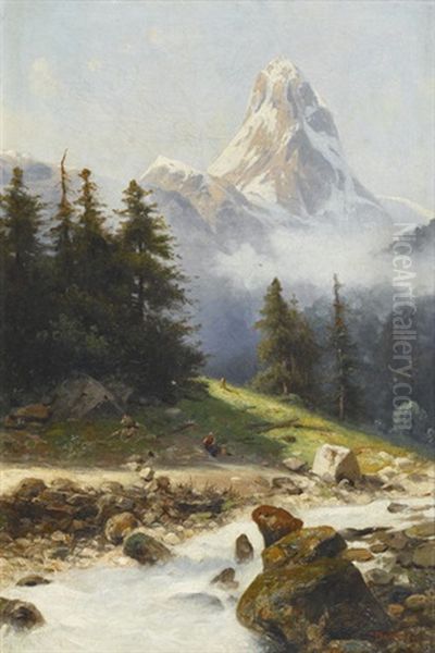 Bachpartie Mit Bauerin Vor Steilem Berg - view 1