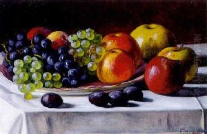 Obststilleben Mit Trauben Und Apfeln Auf Weis Gedecktem Tisch by Franz (August Waidhofer) Demel