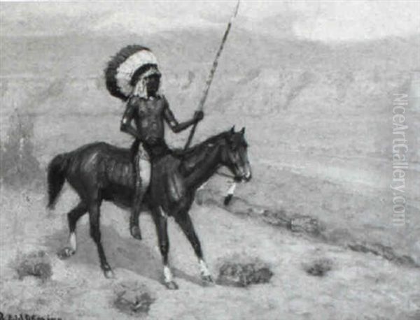 Mounted Warrior, River And Bluffs In The Distance - view 1