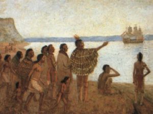 The Departure Of Verrazano From New York Harbor by Edwin Willard Deming