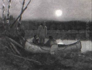 Moonlight Scene With Three Indians And A Canoe
