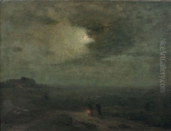 Deux Personnages Cheminant Dans Un Paysage Nocturne - view 1
