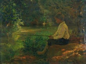 Angelnder Knabe An Einem Bewaldetem Gewasser by Virginie Demont-Breton
