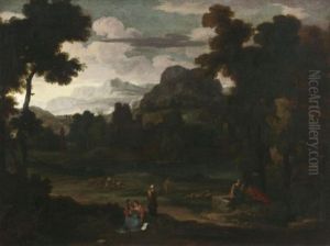 Bewaldete Flusslandschaft Mit Rastenden Frauen by Jerome Rene Demoulin