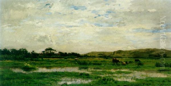 An Extensive Landscape With Cows Watering At A Marsh In The Foreground And Figures Beyond - view 1