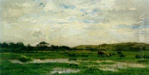 An Extensive Landscape With Cows Watering At A Marsh In The Foreground And Figures Beyond
