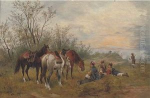 Cossacks Resting Their Horses At Dusk by Jozef Demski