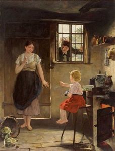 Kleinkind Verrat Die Grose Schwester, Die Sich Vor Dem Durch Das Fenster Blickenden Verehrer Hinter Der Ture Verbirgt