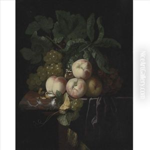 Still Life Of Peaches And Bunches Of Grapes Resting On A Marble Ledge