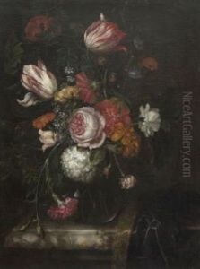 Stillleben Mit Tulpen, Schneeball, Rose, Mohn Und Anderen Bluten In Glasvase Auf Einer Marmorplatte by Isaac Denies