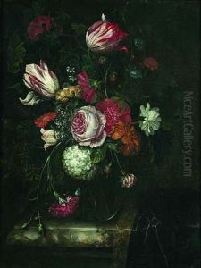 Blumenstraus In Einer Glasvase Mit Tulpen, Rosen, Nelken Und Anderen Blumen by Isaac Denies