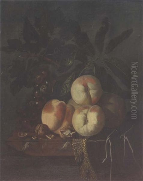Peches, Noix Et Raisins Sur Un Entablement - view 1