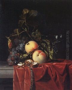 A Still Life Of Grapes, Peaches, Walnuts And A Wine Glass Upon A Ledge Draped With A Red Cloth by Isaac Denies