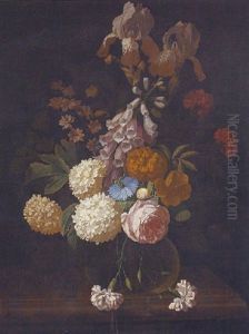 A Still Life Of A Rose, Irises, Carnations, Cornflower, Foxglove, Chrysanthemums And Other Flowers, In A Glass Vase by Isaac Denies