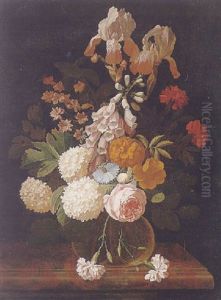 Still Life Of A Rose, Irises, Carnations, Foxglove, Chrysanthemums And Other Flowers In A Glass Vase, Resting On A Table by Isaac Denies