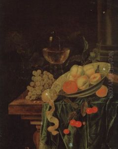 Stilleben Mit Weintrauben, Einer Zitrone Sowie Anderen Fruchten In Einer Porzellanschale Und Einem Gefullten Weinglas by Isaac Denies