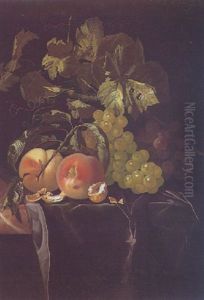 Still Life Of Grapes And Peaches, With Walnuts Upon A Marble Ledge Partly Draped With A Purple Cloth by Isaac Denies