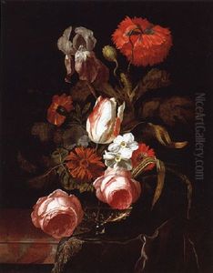 A Tulip, Roses, An Iris, A Peony And Other Flowers In A Glass Vase On A Partially Draped Stone Ledge by Isaac Denies