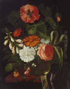 Foxgloves, Roses, A Poppy And A Marigold In A Glass Vase On A Partially Draped Marble Ledge by Isaac Denies
