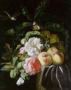 Flowers And Fruit On A Draped Ledge With A Dragonfly, Butterflies And A Snail by Isaac Denies