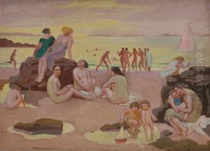 Plage Au Bateau Rose Ou Plage A La Mer Jaune by Maurice Denis