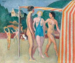 Tente De Plage Aux Trois Baigneuses Devant Une Tente by Maurice Denis