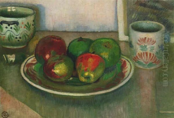 Nature Morte, Faiences Bretonnes Et Pommes - view 1