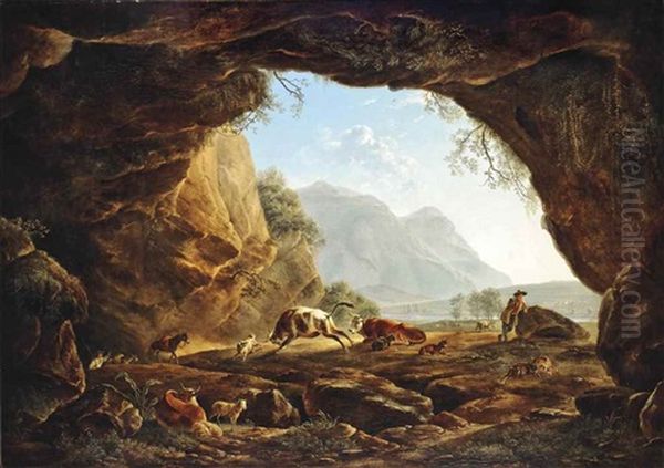 A Bull Chasing A Dog With Other Animals In A Classical Italianate Landscape - view 1
