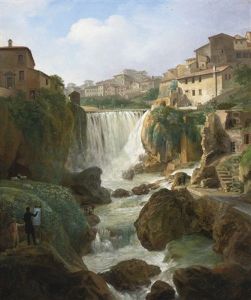 A View Of The Cascades At Tivoli With An Artist Sketching And Other Figures