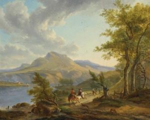 Riders In A Mountainous Landscape Passing A Lake, Said To Be A View Of Lake Albano by Simon-Joseph-Alexandre Clement Denis