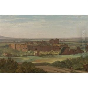 A View Of The Baths Of Caracalla, Rome, With Two Figures In The Foreground by Simon-Joseph-Alexandre Clement Denis