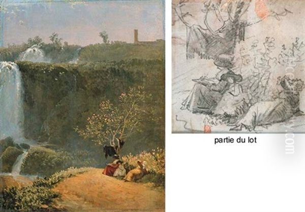 Elisabeth Louise Vigee-lebrun Dessinant La Cascade De Tivoli En Compagnie De Sa Fille Julie Et D'une Gouvernante (+ A Chalk Study Of The Same; 2 Works) - view 1