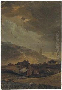 Des Maisons Dans Un Paysage A Rome Sous Un Ciel Nuageux by Simon-Joseph-Alexandre Clement Denis