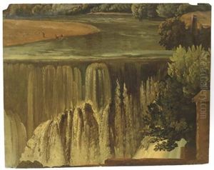 Une Partie De La Cascade De Tivoli Avec Des Lavandieres Dans Le Fond, Une Maison Au Premier Plan by Simon-Joseph-Alexandre Clement Denis
