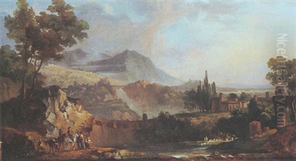 Paysage De La Campagne Italienne Avec Des Personnages Pres D'un Plan D'eau - view 1