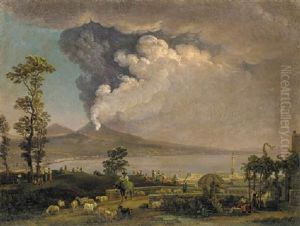 A View Of The Bay Of Naples And Mount Vesuvius Erupting, With Peasants In The Foreground
