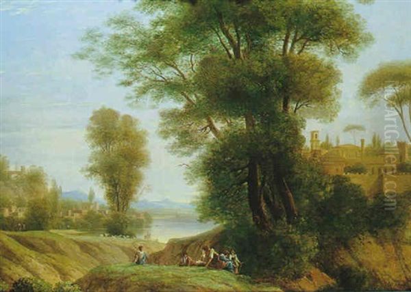 Paysage De La Campagne Romaine Avec Un Palais Pres D'un Lac Anime De Bergers - view 1