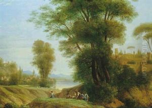 Paysage De La Campagne Romaine Avec Un Palais Pres D'un Lac Anime De Bergers by Simon-Joseph-Alexandre Clement Denis