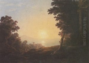 A View Of A Bay At Sunset, With A Figure Resting Before A Fountain And Other Figures Walking Towards A Castle Beyond