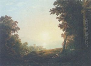 View Of A Bay At Sunset, A Figure Resting Before A Fountain, Travellers Walking Towards A Castle On The Sea Front Beyond View Of A Bay At Sunset, A Figure Resting Before A Fountain, Travellers Walking Towards A Castle On The Sea Front Beyond